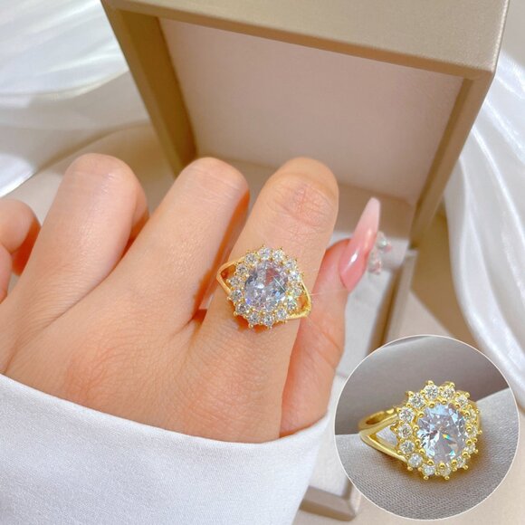 3/$35 Gold Plated Copper Adjustable Ring Clear Crystal Gemstone Diamond Cocktail - Picture 1 of 5